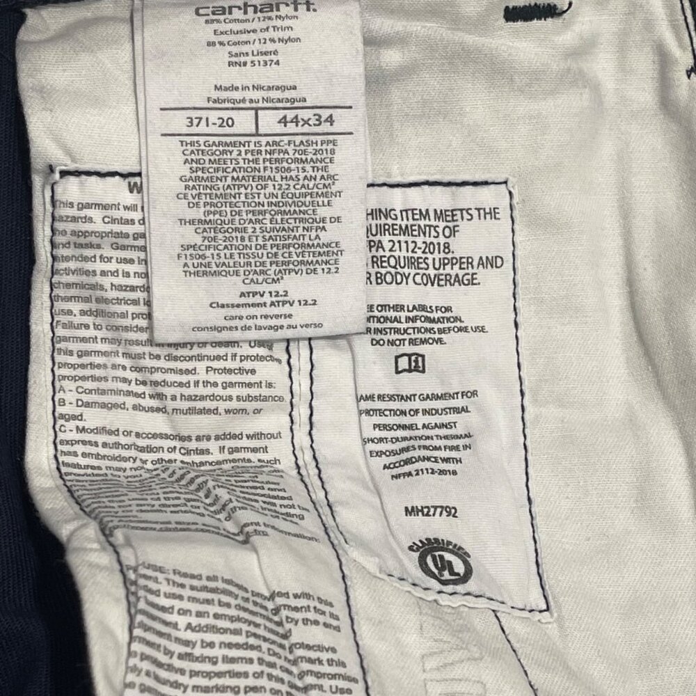 Carhartt FR Flame Resistant Navy Blue Canvas Work Pants Size 44x34 Welder 371-20 - Picture 12 of 15